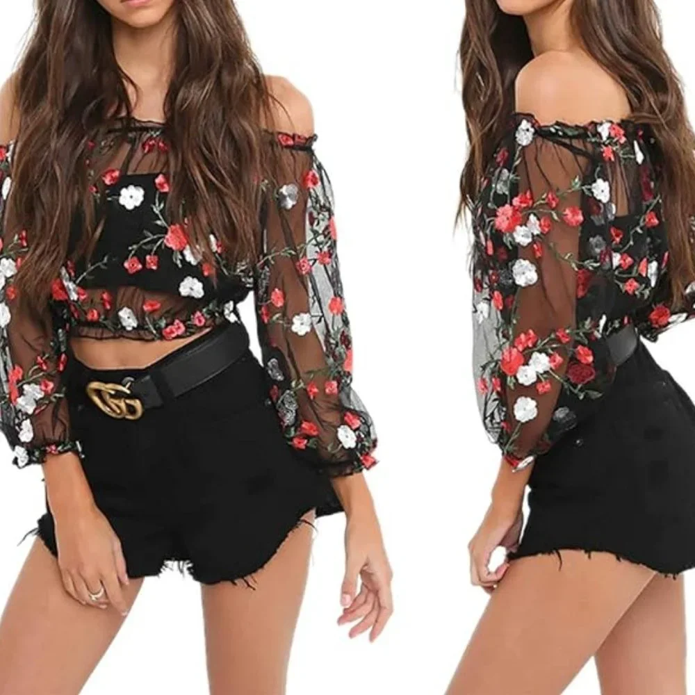 Sexy floral embroidery mesh T-shirt